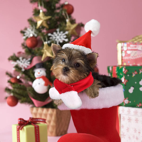 Christmas Dog Hat Pet Cap Bandana Scarf Bibs Party Costume for Doggy Cats Collar Christmas Pet Costume Accessories Kit Plaids Dog Bandana Christmas Hat Adjustable Bow Tie Collar Pet Triangle Bib Kerchief Dog Scarf for Cat Puppy Dog