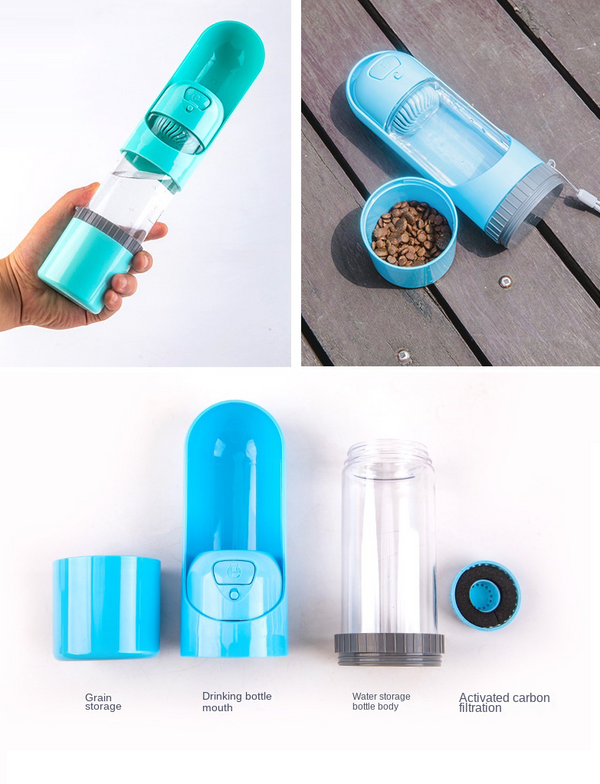 4in1 Dog Cat Pet Water Bottle Cup Drinking Travel Outdoor Portable Feeder Filter