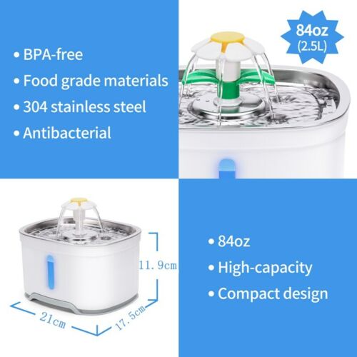 2.5L LED Automatic Electric Pet Water Fountain Dog Cat Drinking Bowl Waterfall